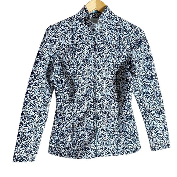 J. McLaughlin Navy Blue Printed Full Zip Mock Neck Scuba Billie Jacket Size S - Picture 1 of 8